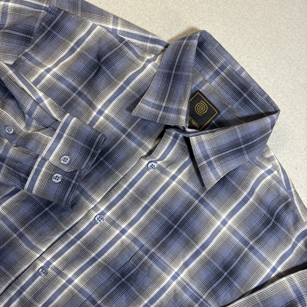Fx Fusion Mens Button Up Shirt Large Blue Plaid‎ Long Sleeve Soft Cotton Blend